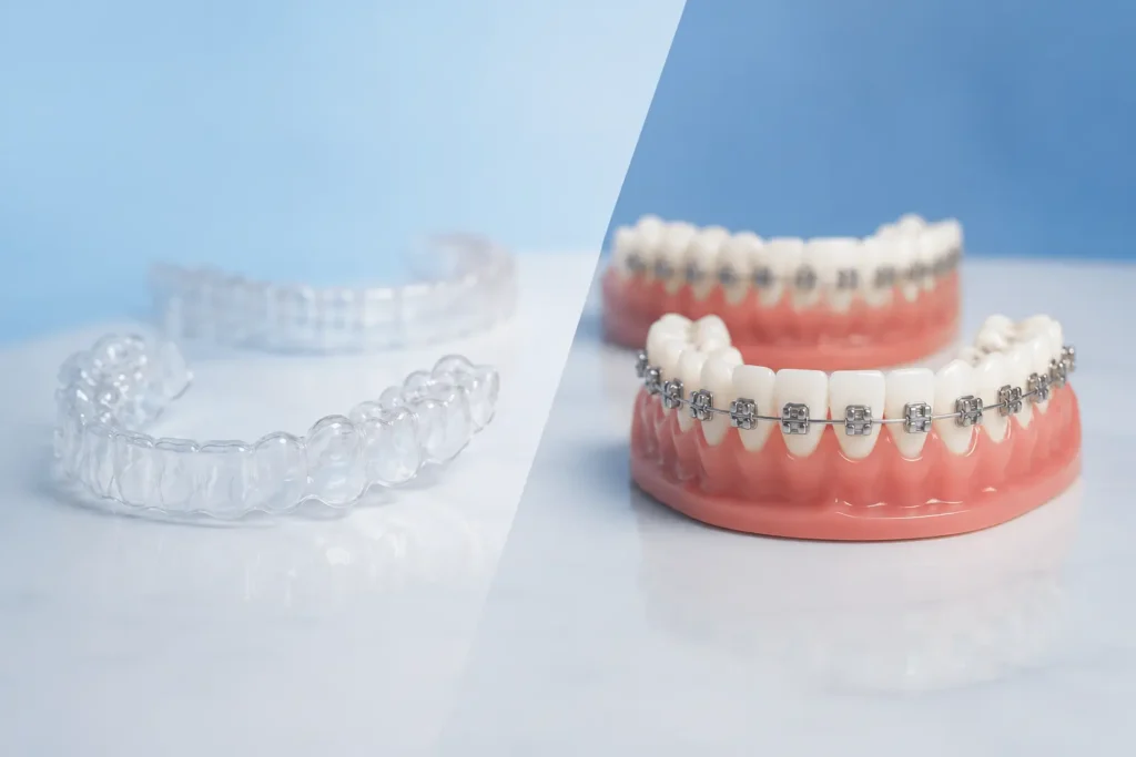 Clear aligners vs metal braces for orthodontic treatment in Mumbai at Maxora Superspeciality Clinic for teeth straightening and smile correction
