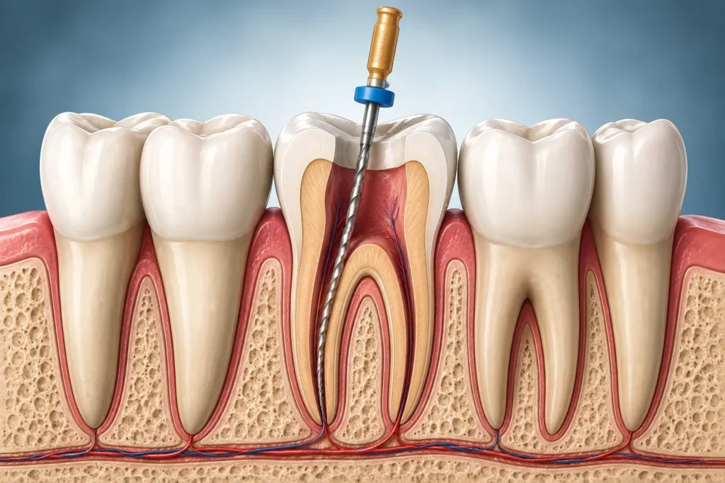 Detailed 3D illustration of a root canal treatment procedure showing a dental file cleaning the infected root canal inside a molar tooth with visible tooth anatomy, gums, and surrounding teeth.