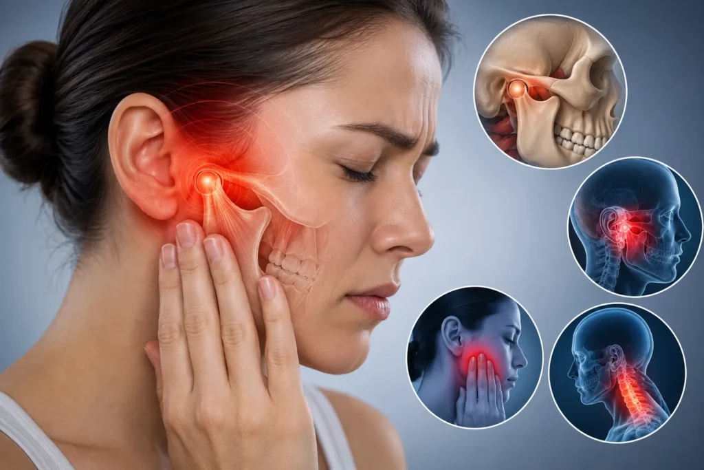Woman experiencing severe TMJ pain while holding her jaw near the ear, with medical illustrations highlighting temporomandibular joint inflammation, jaw anatomy, facial pain, and referred neck pain associated with TMJ disorder.