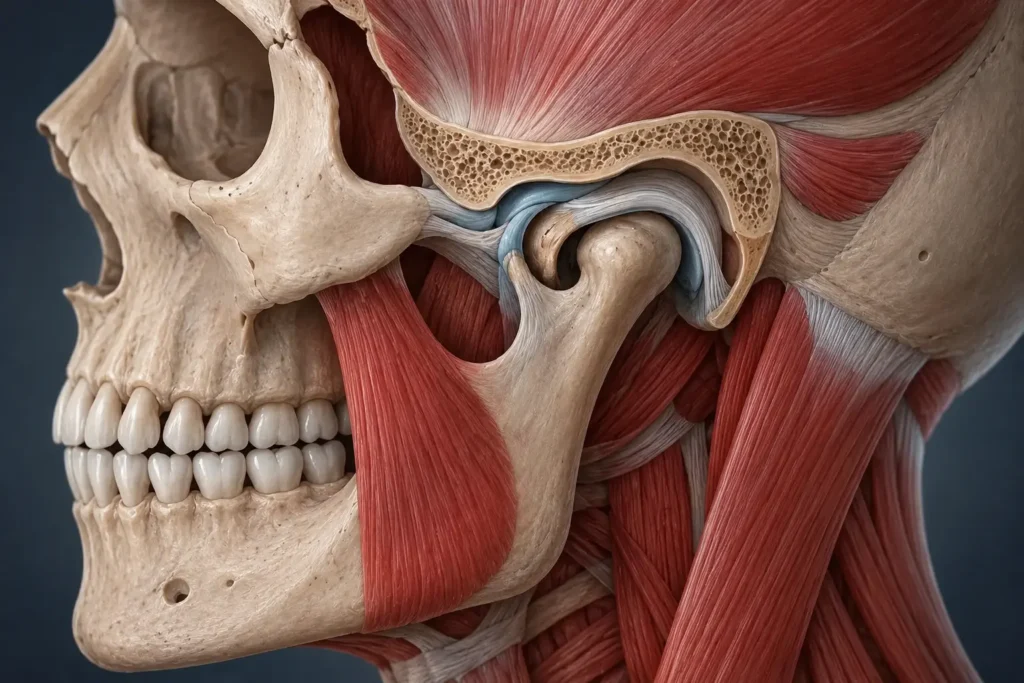 Detailed anatomical illustration of the temporomandibular joint (TMJ) showing jaw muscles, mandibular condyle, articular disc, and surrounding facial structures involved in jaw movement and TMJ disorders.