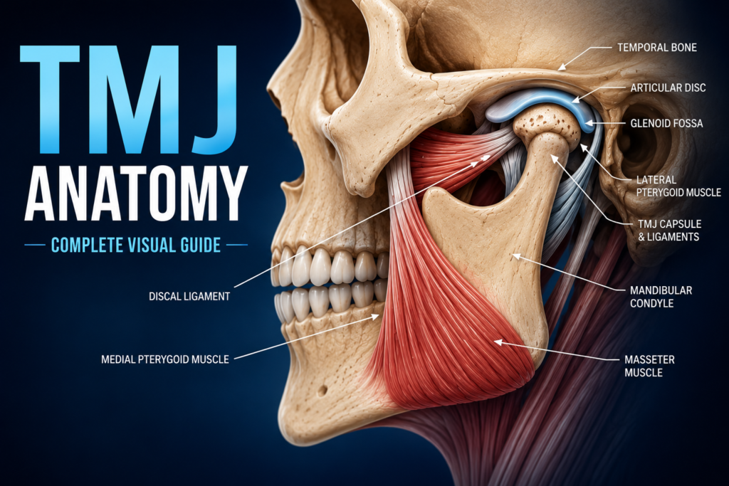 Detailed anatomical illustration of the temporomandibular joint (TMJ) showing the mandibular condyle, articular disc, temporal bone, muscles, ligaments, and jaw joint structures.